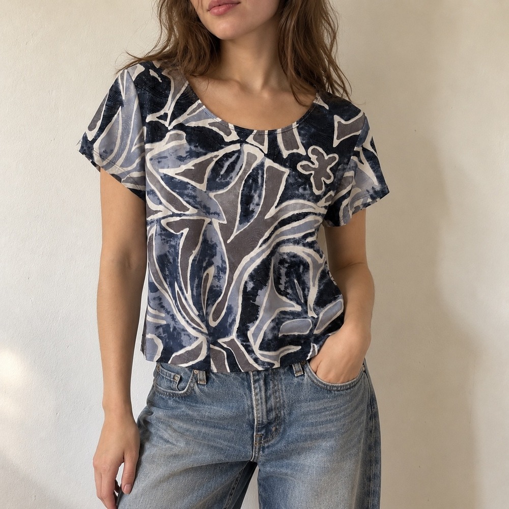 In Cahoots Blue Metallic Abstract Floral Short Sleeve Top Small Y2K 90s Indie